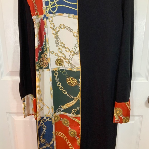 Zara Scarf Chain Satin Print Black Long Sleeve Midi Sheath Dress Size Small - Picture 2 of 10